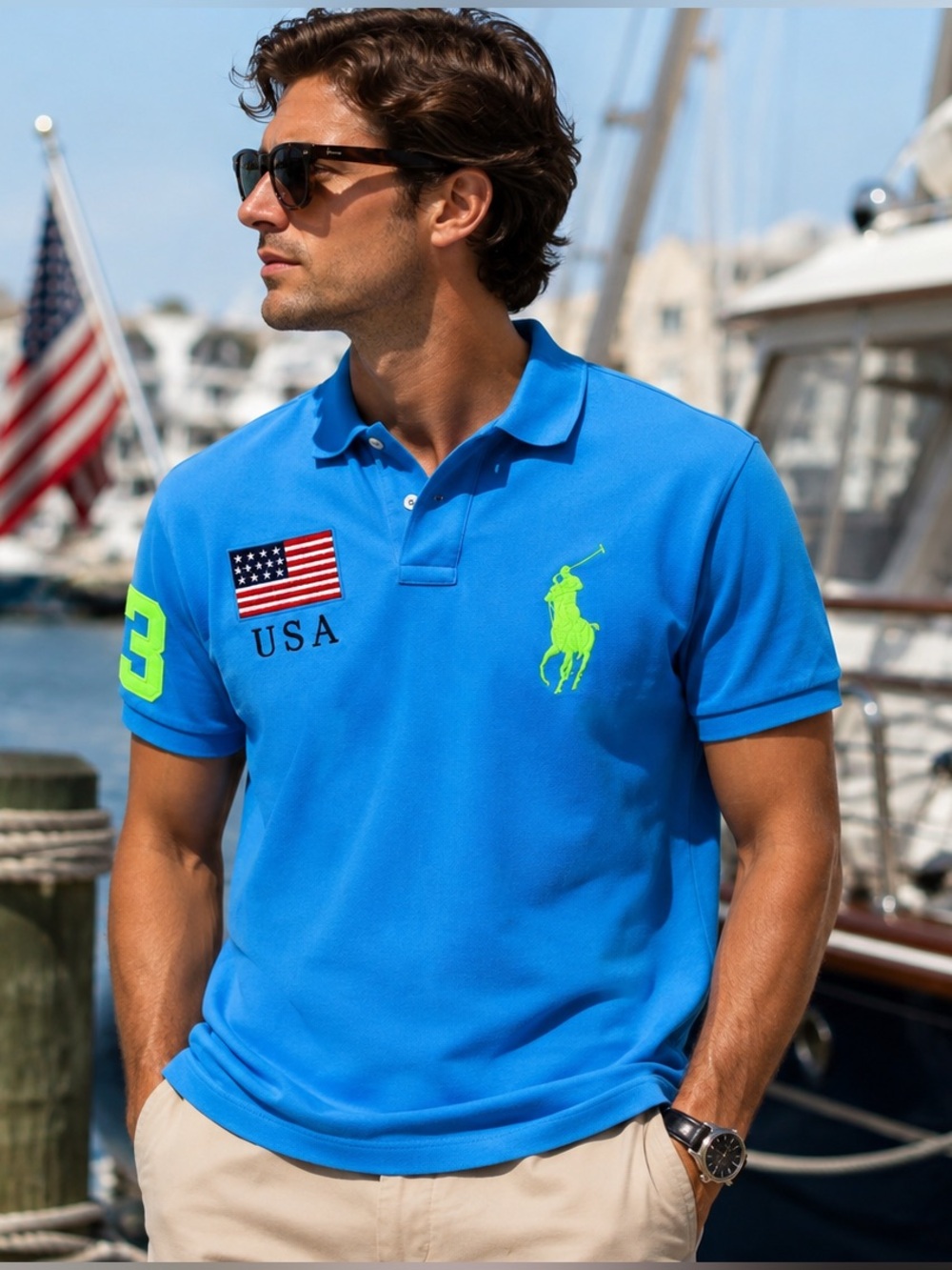Polo Ralph Lauren USA Big Pony #3 Flag Polo Shirt Blue Men’s L - Picture 3 of 15